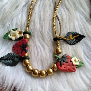 Adorable Strawberry and Gold Tone Beaded Handmade Necklace